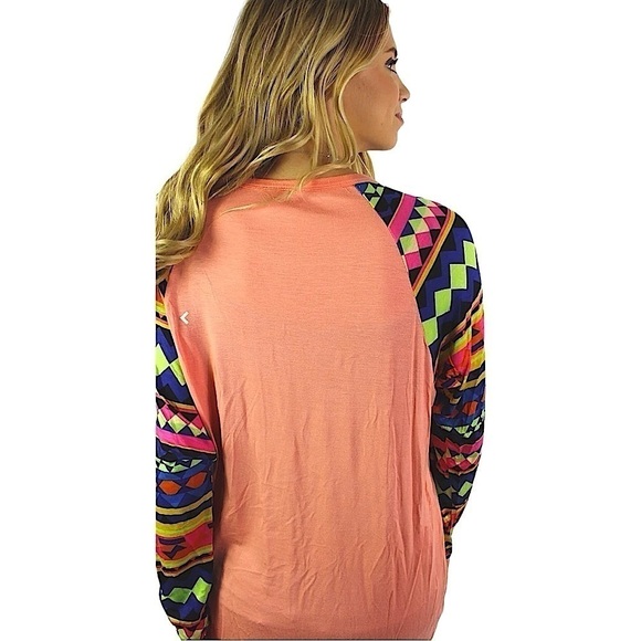 MISS 2 DAY Neon Round Neck Top in Coral with Multi-Color Printed Sleeves - Picture 5 of 5